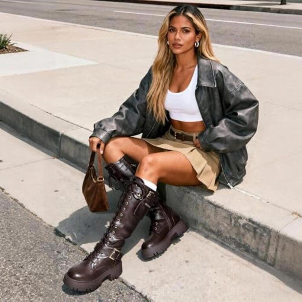 Dream Pairs Black Lace-Up Combat Moto Boots with Side Pocket - Picture 4 of 16